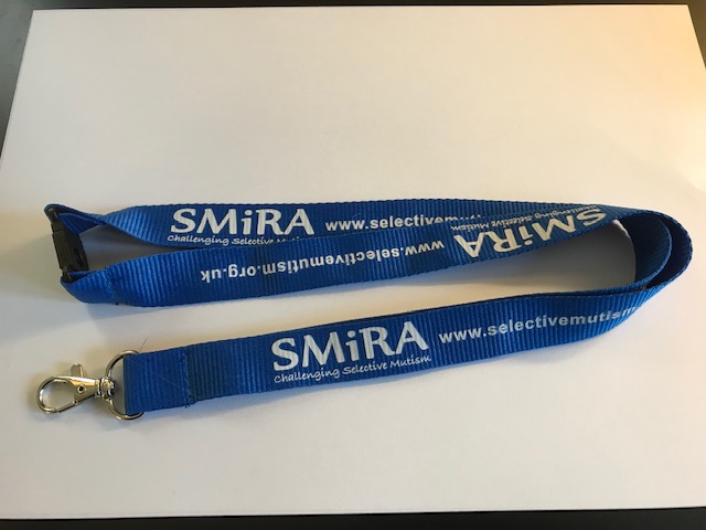Blue lanyard with clip, saying 'SMIRA - Challenging Selective Mutism' www.selectivemutism.org.uk