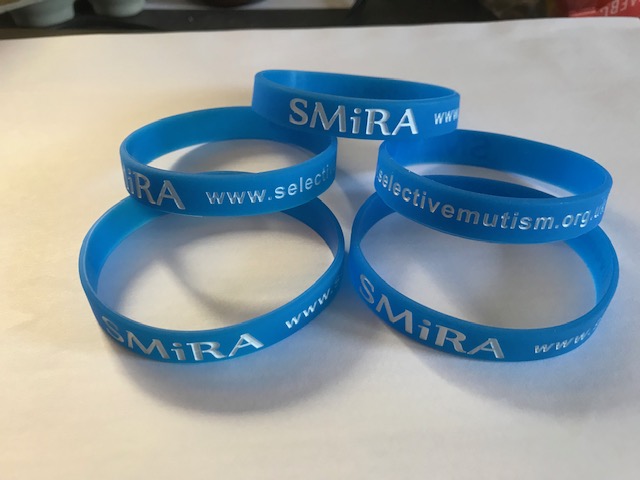 SMIRA blue wristbands saying SMIRA - www.Selective Mutism.org.uk