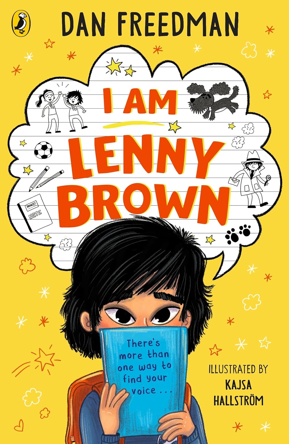 I am Lenny Brown book cover, featuring boy with his lower face covered by a page saying 'there's more than one way to find your voice...' 