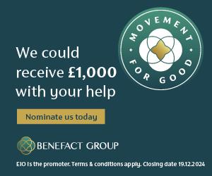 We could receive £1000 with your help - nominate us today. Benefact Group logo - Movement for Good